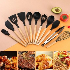 12 PCS Silicone Kitchenware Utensil Set with Wooden Handle & Holder