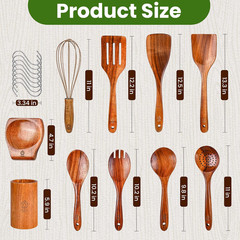 Teak Wooden Utensil Set 10 Piece, Kitchen Cooking Utensils with Holder and Hangi