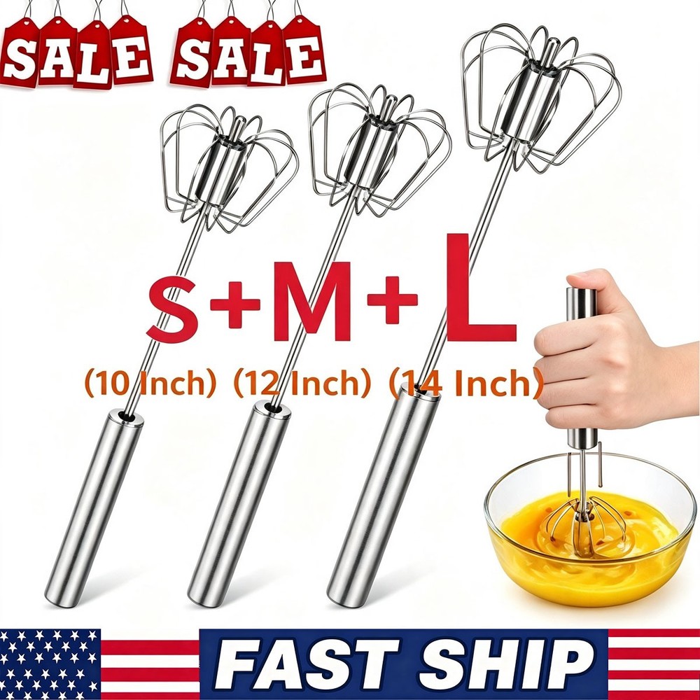 3× Manual Semi Automatic Whisk Egg Beater Mixer Stainless Steel Silver Stirrer