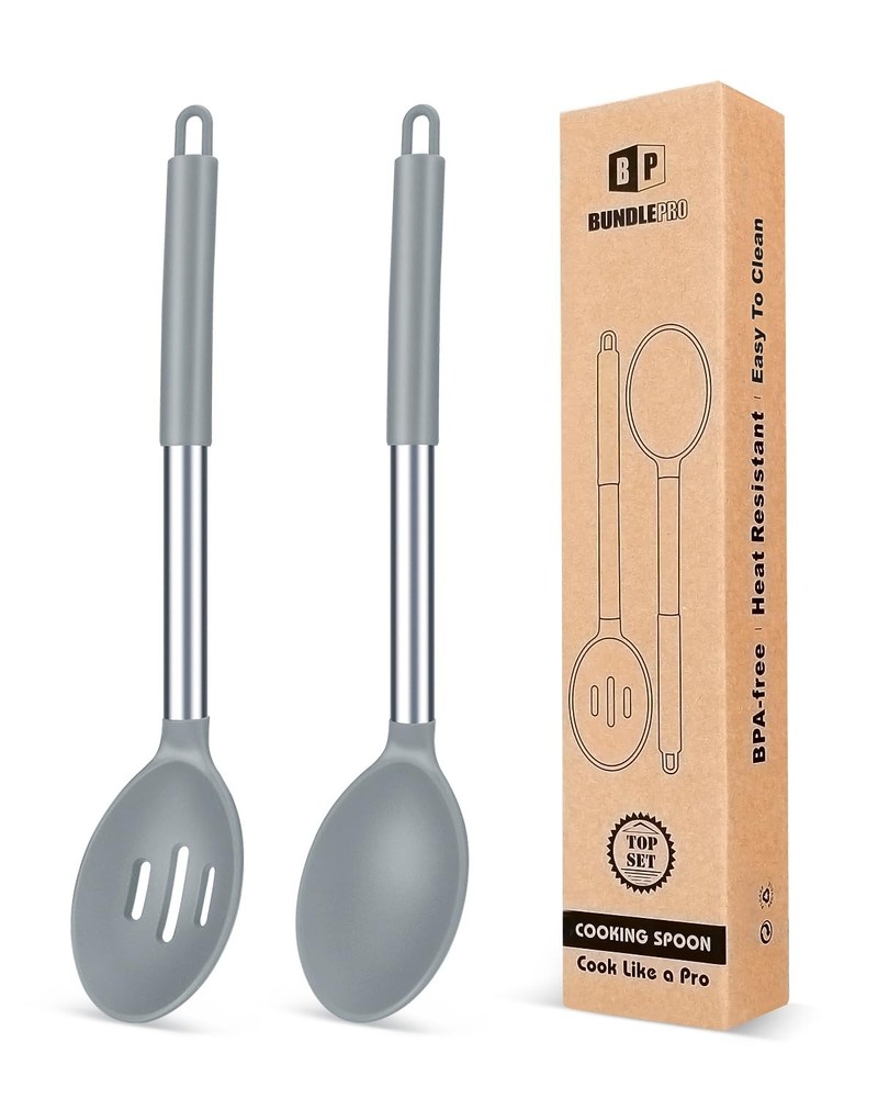 Silicone Cooking Spoons for Non Stick Cookware, 2 Pack, Grey