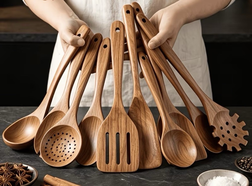 10-Piece Teak Wood Cooking Utensils Set- Non-stick, Lightweight & Heat-Resistant