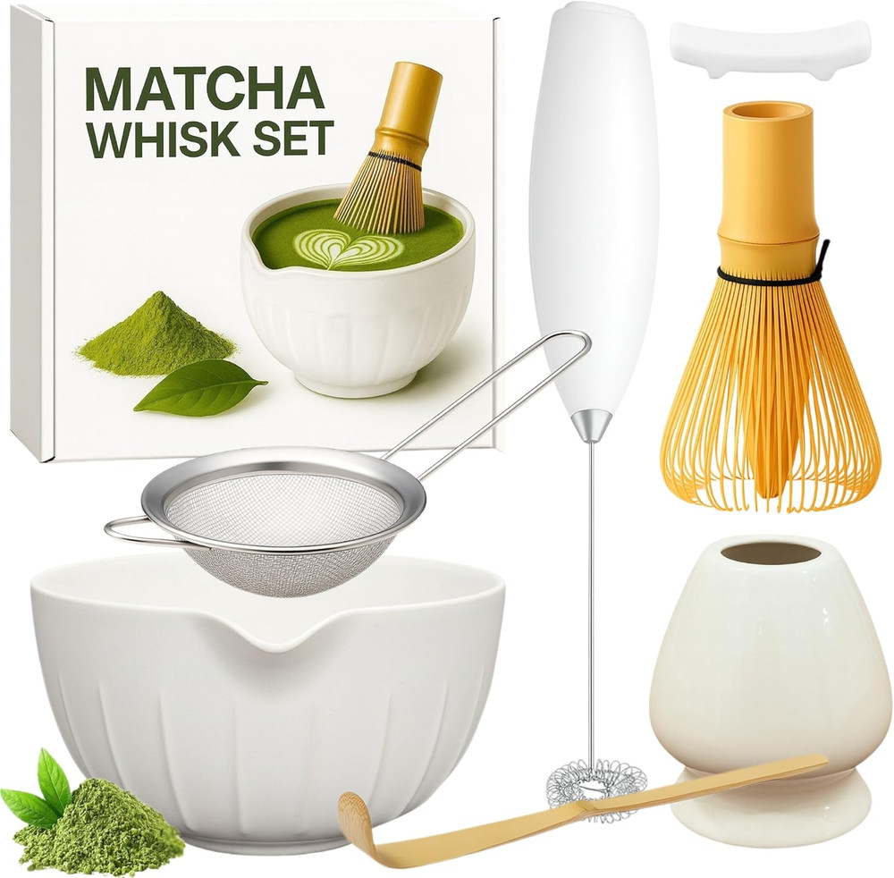 Matcha Whisk Set with Matcha Bowl – Matcha Set Included Electric Frother, Bamboo