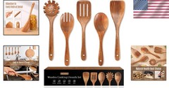 Wooden Spoons Kitchen Utensils Set 5 Pcs Natural Teak Non-Stick Cooking Tools