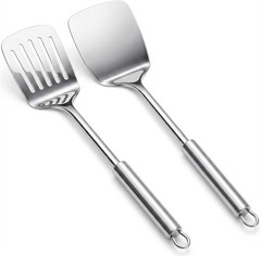 Silver Spatula Set, 13.5-inch Stainless Steel Solid & Slotted Spatula Turner,