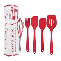 5Pc Silicone Kitchen Utensil Set, Red, Spatulas Whisk Brush, Heat Resistant