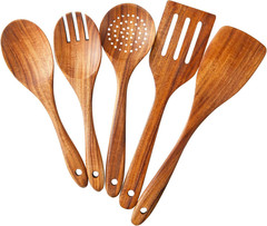 5pc Teak Wood Cooking Utensil Set Non Stick Heat Resistant Kitchen Spoons