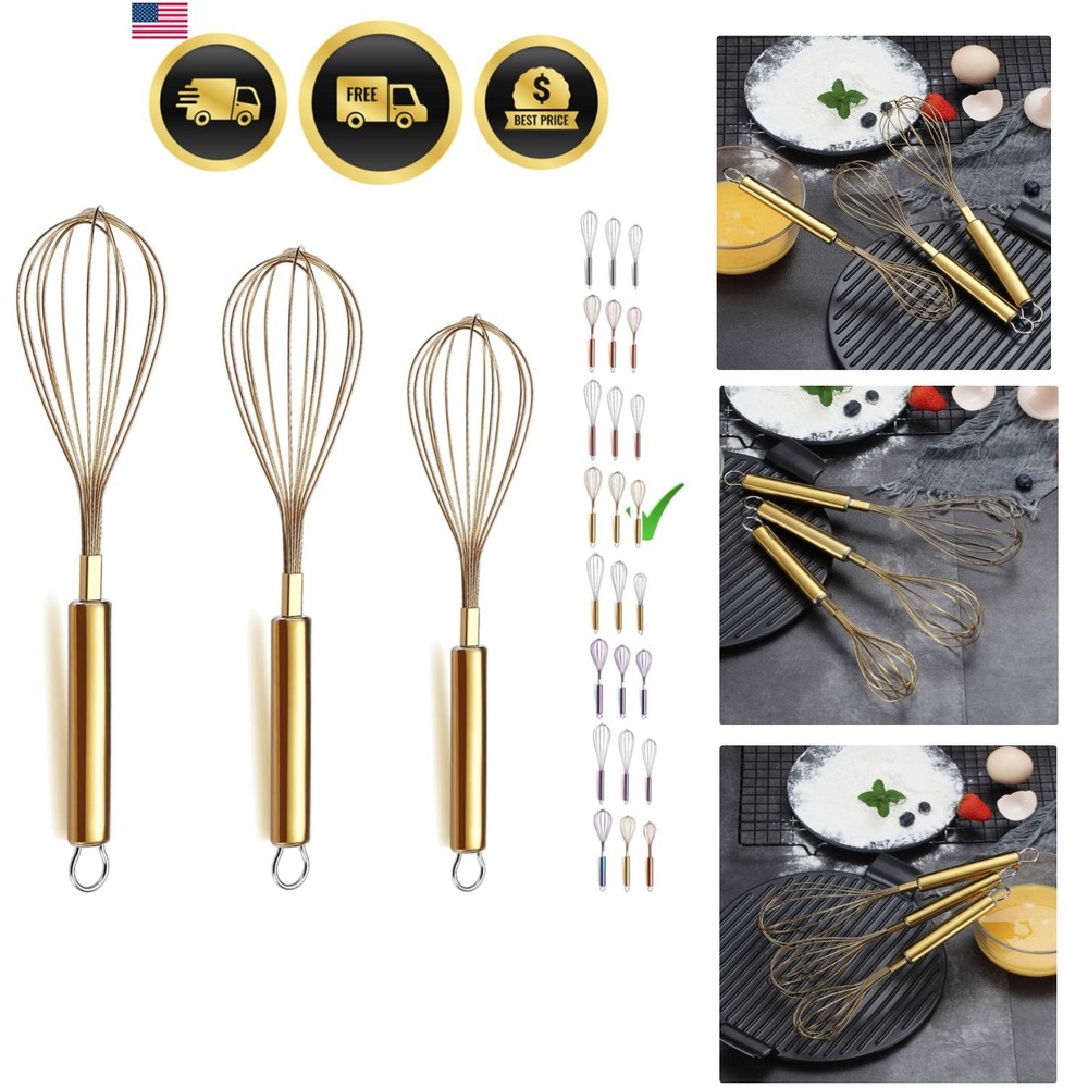 Stainless Steel Gold Whisk Set 3 Pieces 8 10 12 Inch Kitchen Beater Wires