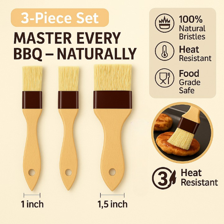 BBQ Basting Brush Set Boar Bristle Wood Handle Pastry Oil Sauce Grill Cooking