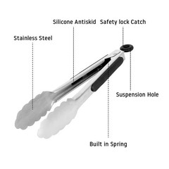 304 Stainless Steel Kitchen Cooking Tongs, 9″ and 12″ 16″