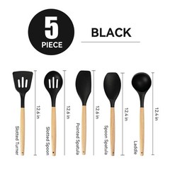 Non-Stick Silicone Cooking Utensils Set, 5 Pcs with Wooden Handle, Heat (Black)