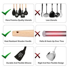 Non-Stick Silicone Cooking Utensils Set, 5 Pcs with Wooden Handle, Heat (Black)