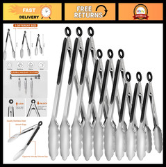 9-Piece Stainless Steel Kitchen Tongs Set – Non-Slip Grilling & Cooking Tools, 7