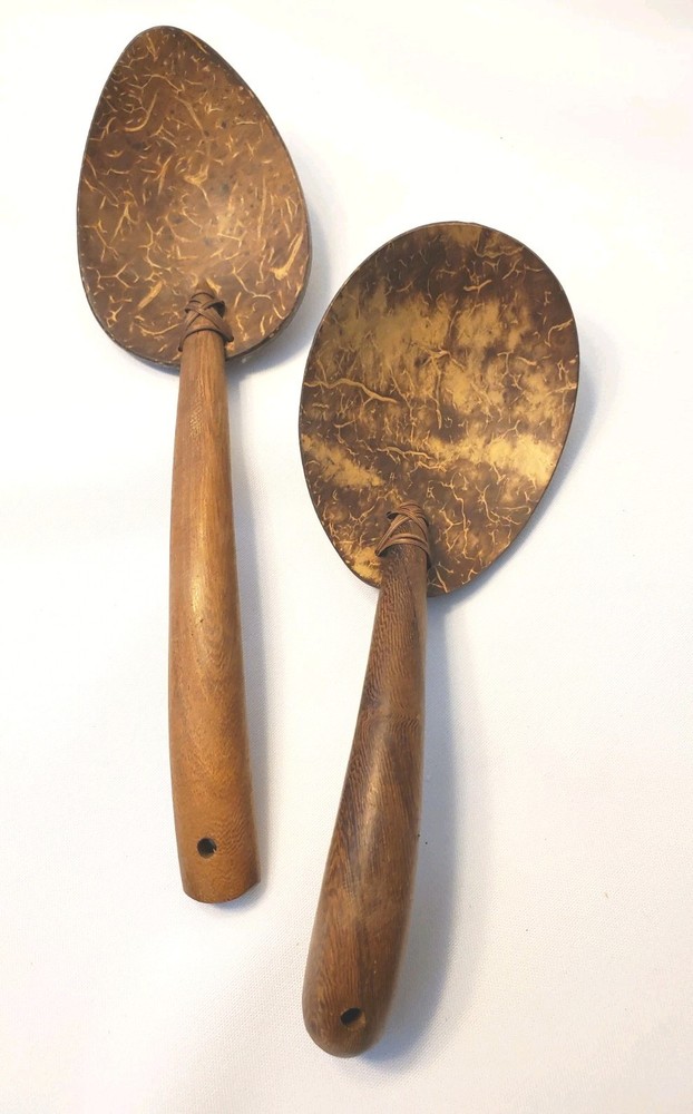 2 Coconut Shell Ladle Spoons Wooden Handle Polished Eco-friendly Biodegradable