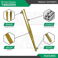 2 Pcs Gold Kitchen Tweezers 10″ Straight & Round Tip Set Chef Long Food Tongs