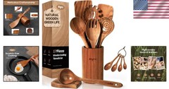 Wooden Cooking Utensils Set Nonstick Spoon Spatula Spreader with Holder 9 Pcs