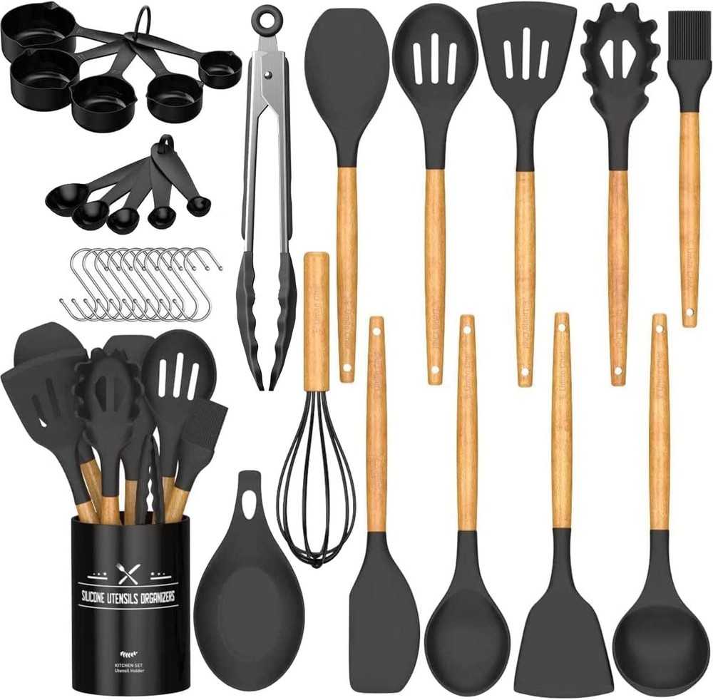 Umite Chef Kitchen Cooking Utensils Set, 33 pcs Non-Stick Silicone xl, Black