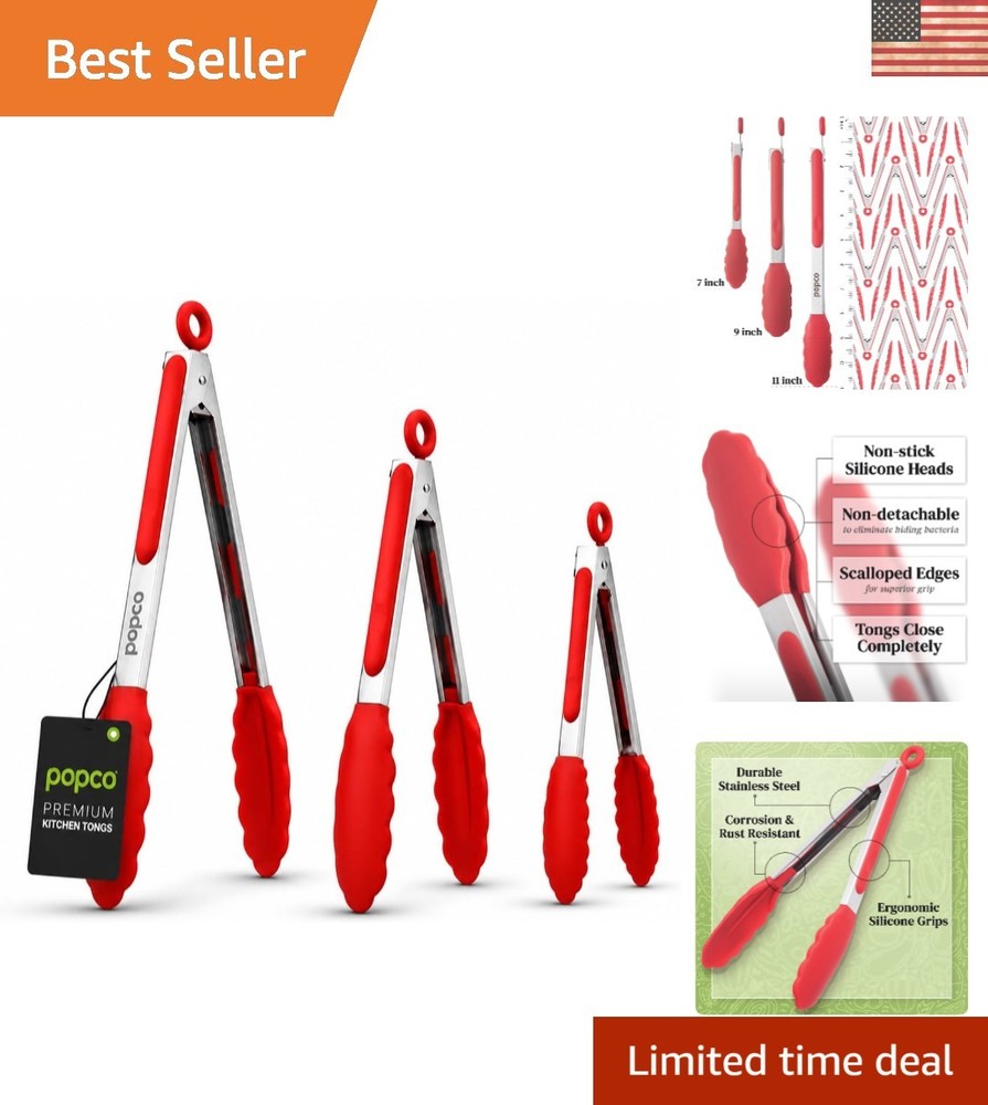 Durable Stainless Steel Tongs Set with Silicone Tips – 3 Sizes for BBQ & Salads