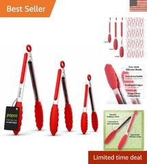 Durable Stainless Steel Tongs Set with Silicone Tips – 3 Sizes for BBQ & Salads