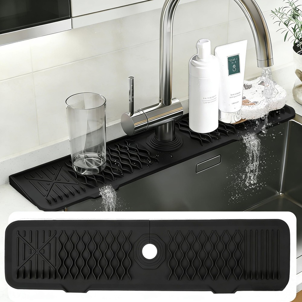24 Inch Silicone Faucet Mat for Kitchen Sink, 7° Slope Fast Self-Draining Sin…