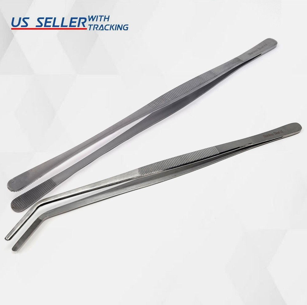 2Pc Kitchen Tweezer 12″ Angled & Round Set Long Food Tongs Chef DIY German Grade