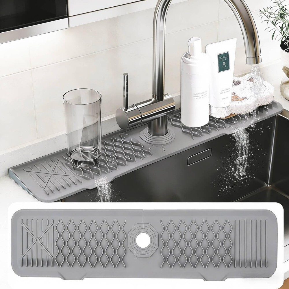 24 Inch Silicone Faucet Mat for Kitchen Sink, 7° Slope Fast Self-Draining Sin…