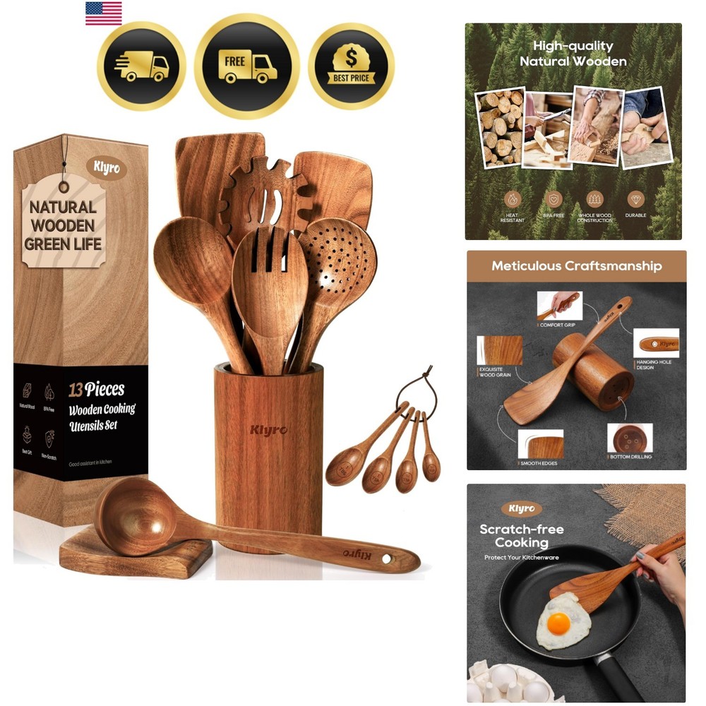 Wooden Cooking Utensils Set Nonstick Spoon Spatula Spreader with Holder 9 Pcs