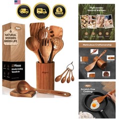 Wooden Cooking Utensils Set Nonstick Spoon Spatula Spreader with Holder 9 Pcs