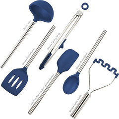 Silicone Cooking Utensil Set of 6 Stainless Steel Handle Ladle Slotted