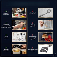 10 Piece Stainless Steel Utensil Set – Wood Handle Nonstick Utensil Set (Silver)