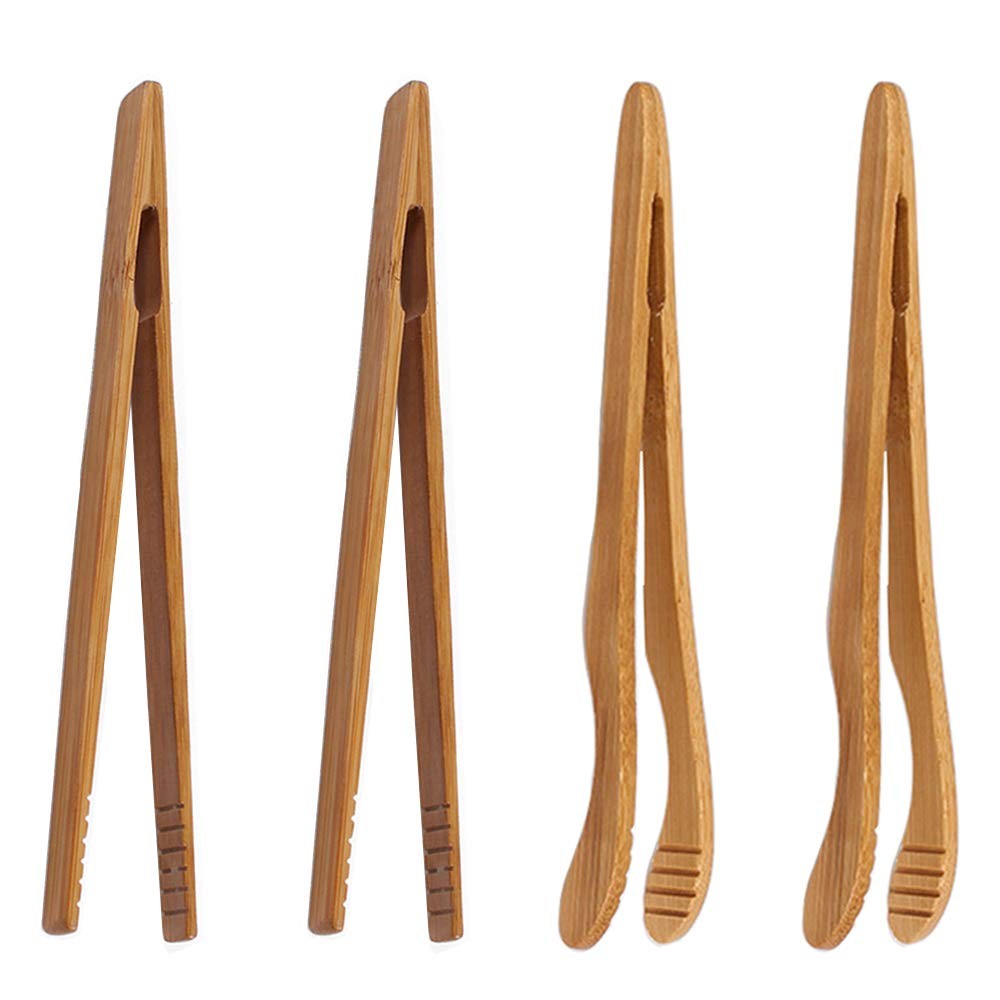 4 pack Bamboo Toaster Tongs – 7” Reusable Wood Cooking Tongs -Ideal