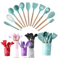 12-Pcs Kitchen Silicone Utensils Set with Heat Resist Wooden Handle Black