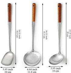 Wok Spatula Set 17″, Heat Resistant Wood Handle Stainless Steel Wok Tools, Ladle