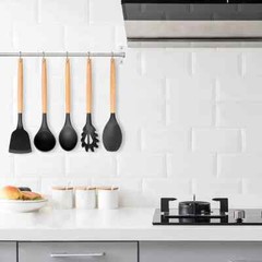 12-Pcs Kitchen Silicone Utensils Set with Heat Resist Wooden Handle Black