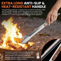 16-Inch Grill Tongs – Extra Long BBQ Tongs with Wood Handles – Heavy Duty Heat R