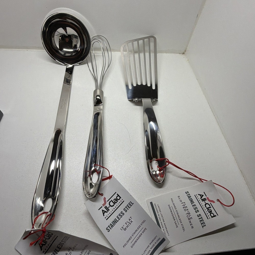 All-Clad 3 Pc. 18/10 Stainless Steel 6-oz Round Ladle 14.5 in Whisk 13”& Turner