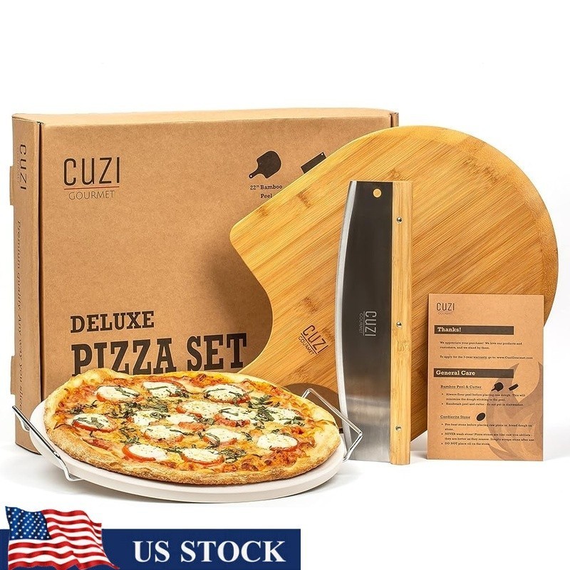 XXL Pizza Stone W/ Bamboo Peel Ergonomic Cutter Perfect Homemade Pizzas New