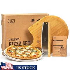 XXL Pizza Stone W/ Bamboo Peel Ergonomic Cutter Perfect Homemade Pizzas New