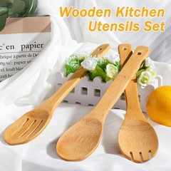Cooking Utensil Set Bamboo Wooden Spoons Non-Stick Pan Safe Kitchen Tools 6pcs