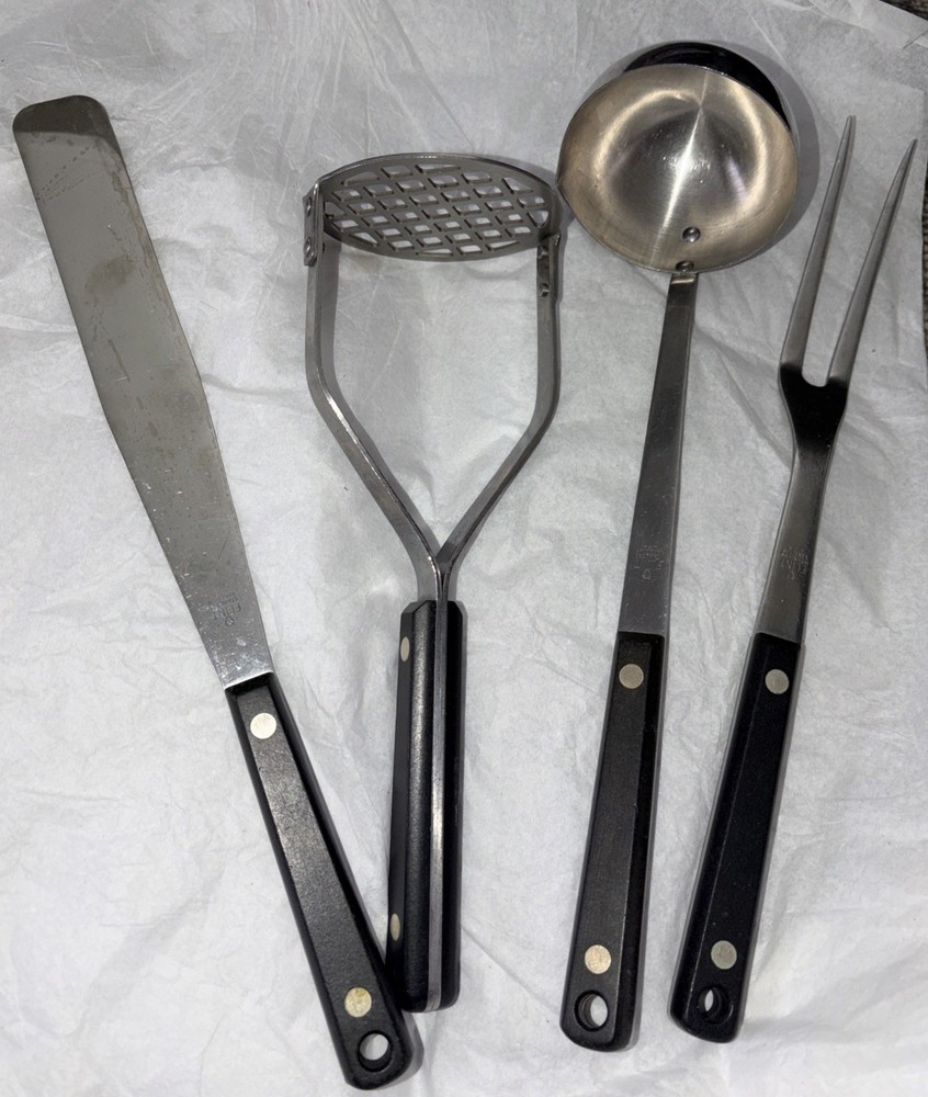 Vintage Flint Kitchen Utensils, Masher, Ladle, Fork & Spreader Lot Of 4,USA Made