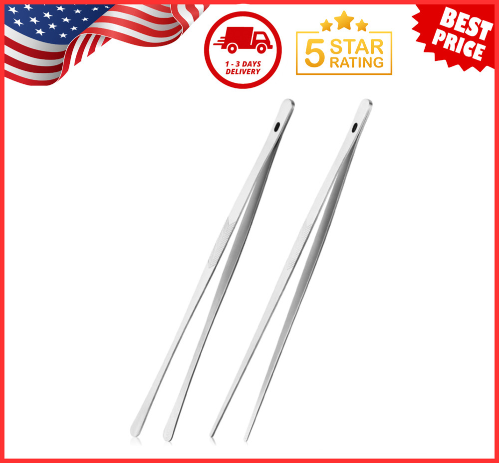2 Pcs Kitchen Tweezer 12″ Straight & Round Tip Set Long Food Tongs Chef DIY Tool
