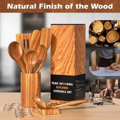 Natural Teak Kitchen Cooking Utensil Set with Holder, Wooden Spoons for Cooki…