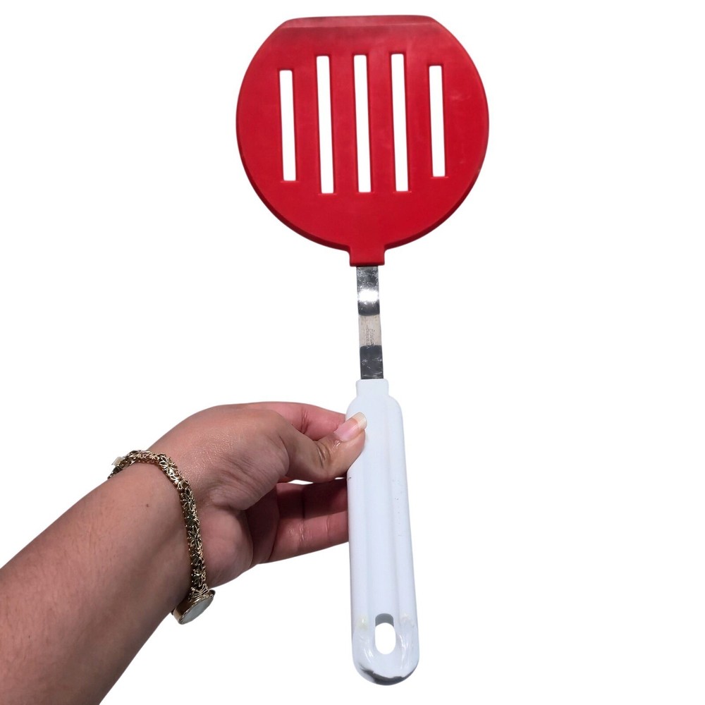 Vintage Robinson Stainless USA Red Slotted Spatula Turner White Plastic Handle