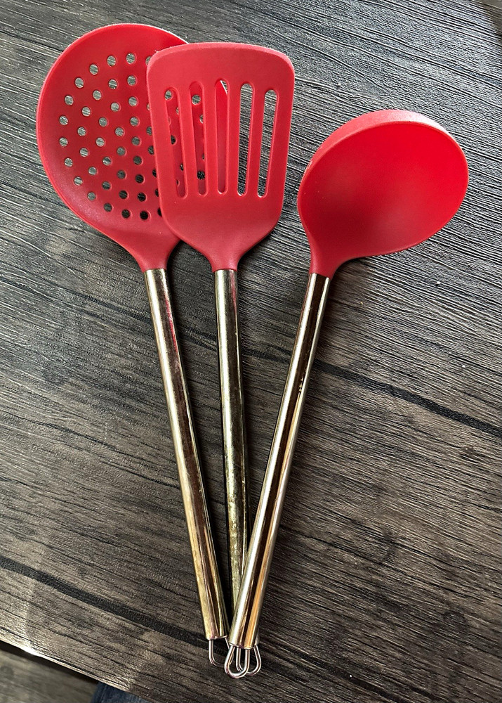 3-Piece Red Plastic Utensil Set w/ Stainless Steel Handles, Hanging Loop