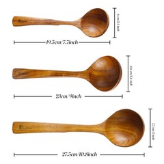 Teak Wood Ladle Set – 3 Sizes with Back Hooks for Soup, Cooking, Serving & Stirr