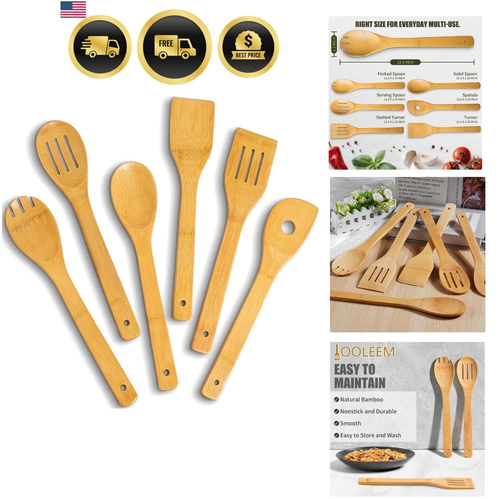 Cooking Utensil Set Bamboo Wooden Spoons Non-Stick Pan Safe Kitchen Tools 6pcs