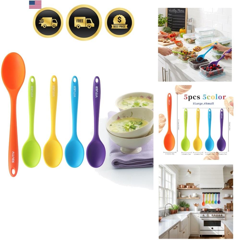 5PCS Silicone Serving Spoons Set, Heat Resistant Kitchen Spoons for Cooking, …
