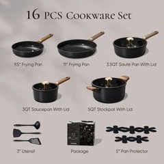 CAROTE Ceramic Cookware Set Nonstick, 16pcs Pots and 16 Piece, Charcoal Black