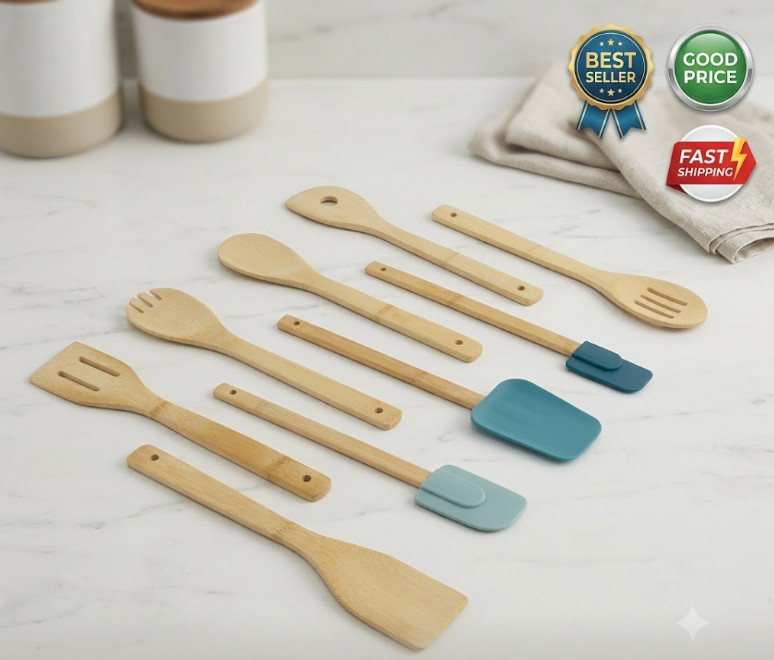 9 Piece Bamboo Kitchen Utensil Set Blue Cooking Gadgets Collection