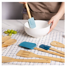 9 Piece Bamboo Kitchen Utensil Set Blue Cooking Gadgets Collection
