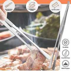 BBQ Kitchen Cooking Tweezers Tongs 12″ Extra-Long with Wide Round Serrated Tips